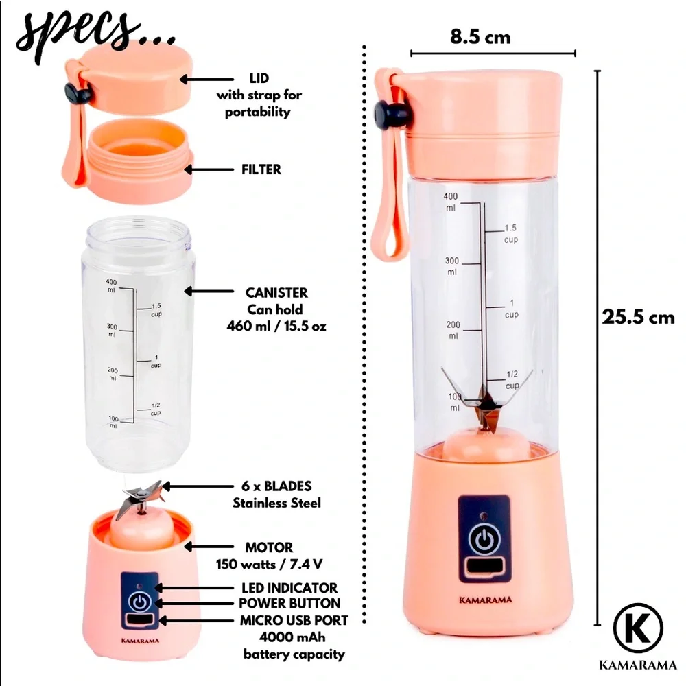 KAMARAMA Portable Rechargeable Juice Shake Smoothie Blender Juice Cup Pink
